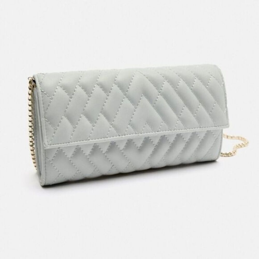 Zara Silver Quilted Crossbody Bag Gold Chain Wallet Clutch Metallic Purse